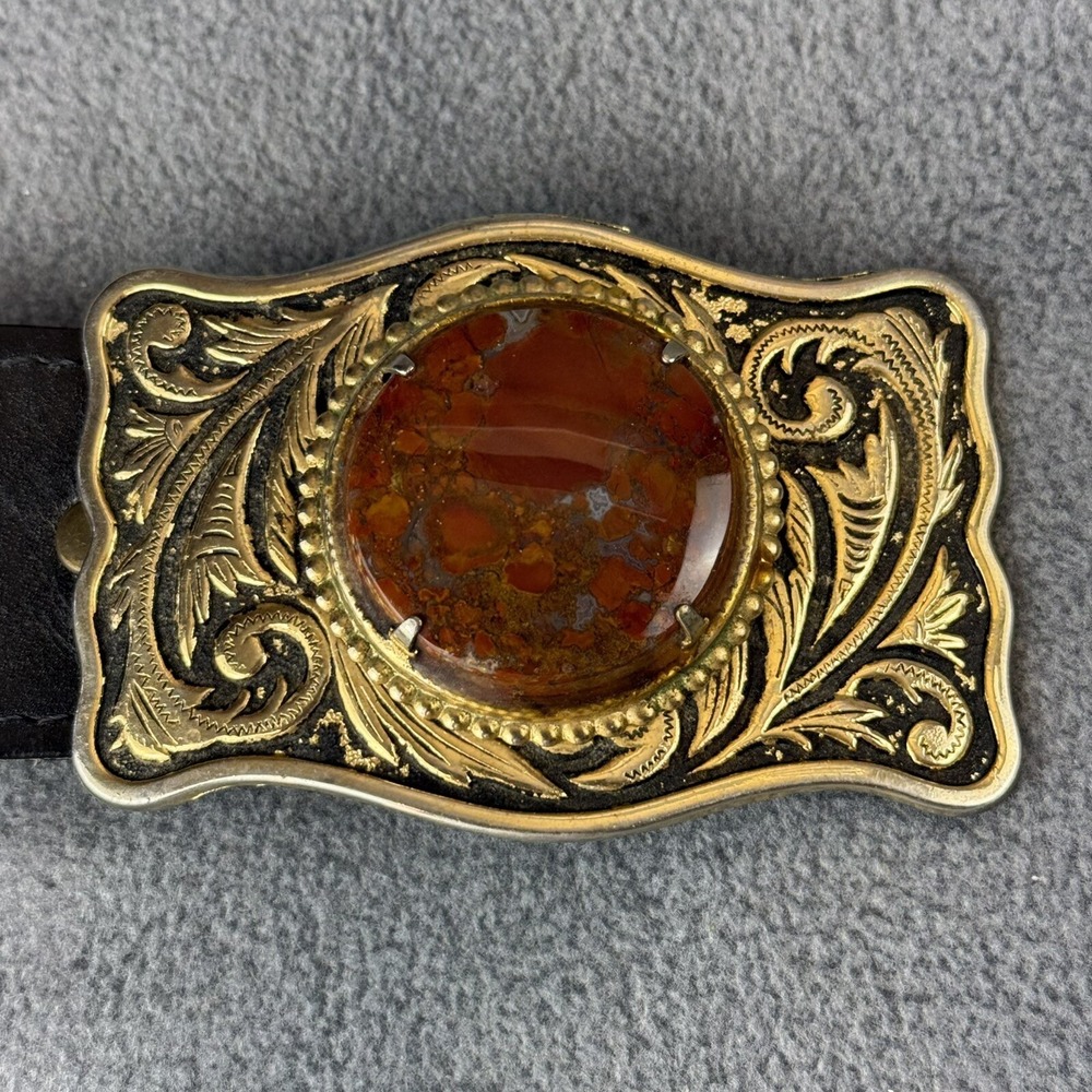 Vintage Belt Buckle  Red Speckled Agate Cowboy Cowgirl Western Equestrian 80s